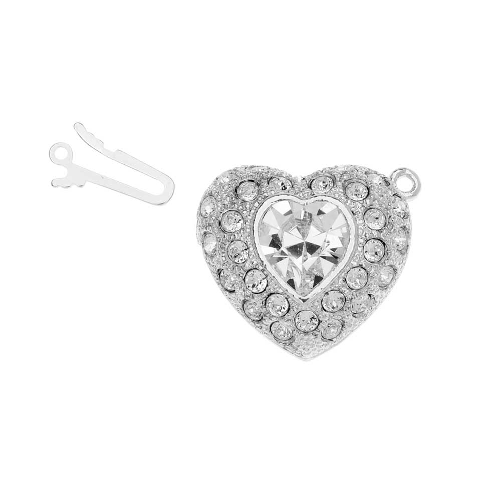 Elegant Elements, 1-Strand Heart Shaped Box Clasp with Crystals 22mm, Rhodium Plated