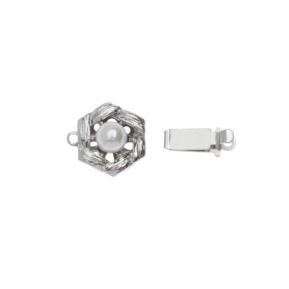 Elegant Elements, 1-Strand Hexagon Box Clasp with Crystal Pearl 11mm, Rhodium Plated (1 Set)