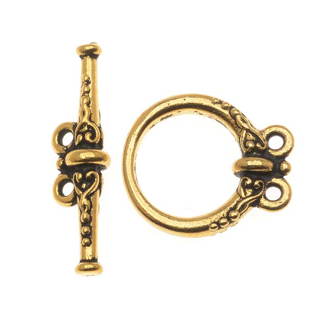 TierraCast Pewter Toggle Clasps, Heirloom with Two Loops 15mm, 22K Gold Plated (1 Set)