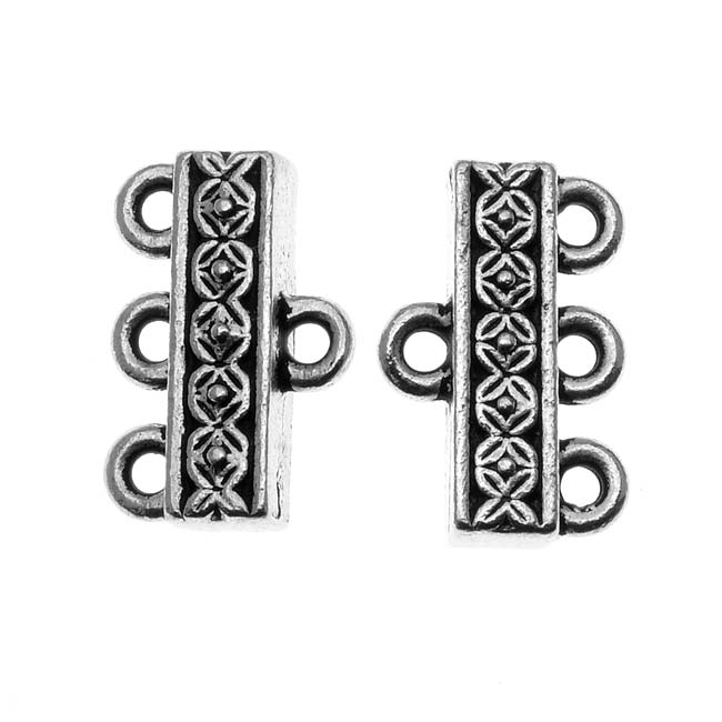 TierraCast Silver Plated Pewter Deco Rose 3-Strand Reducer Bead Bars (2 Pieces)
