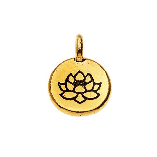 TierraCast Pewter, Round Lotus Flower Charm 16.5x11.5mm, 22K Gold Plated (1 Piece)