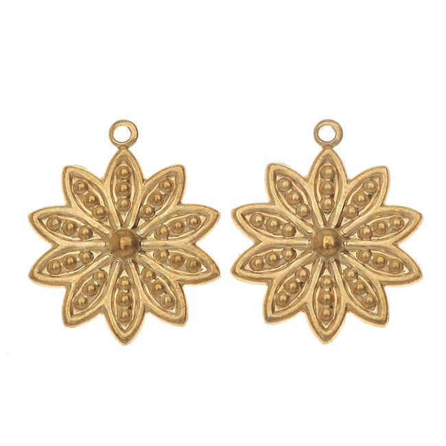 Vintaj Vogue Pendants, Beaded Daisy Petals 19x16mm, Raw Brass (2 Pieces)