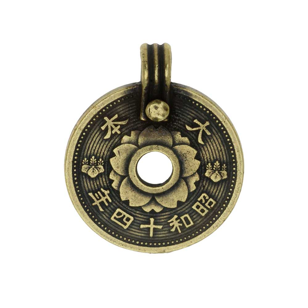 TierraCast Pewter Pendant, East Asian Coin 25.5x21mm, 1 Piece, Brass Oxide