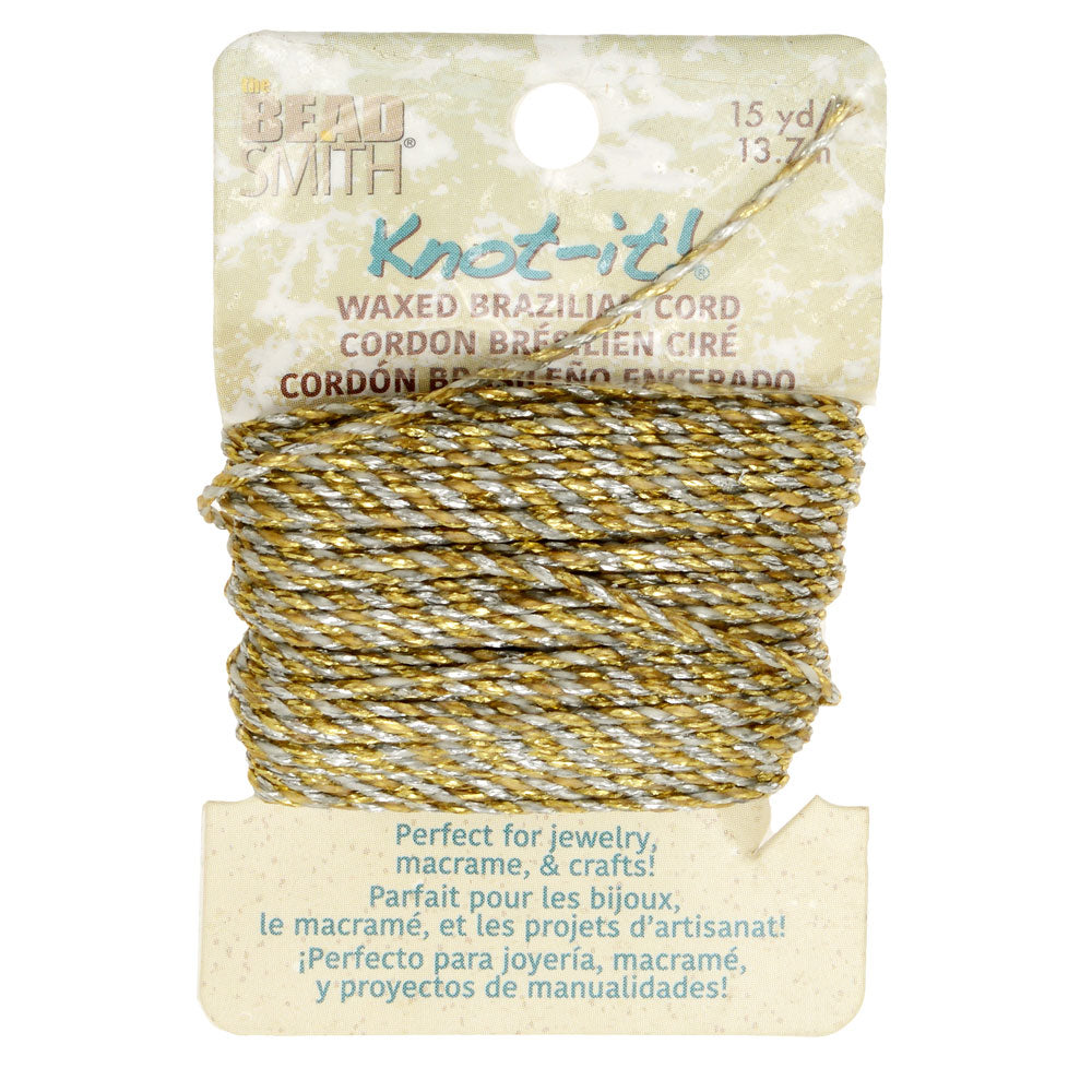 Knot-It Waxed Brazilian Cord, 2-Ply Polyester 0.7mm Thick, Metallic Gold & Silver Mix (15 Yards)