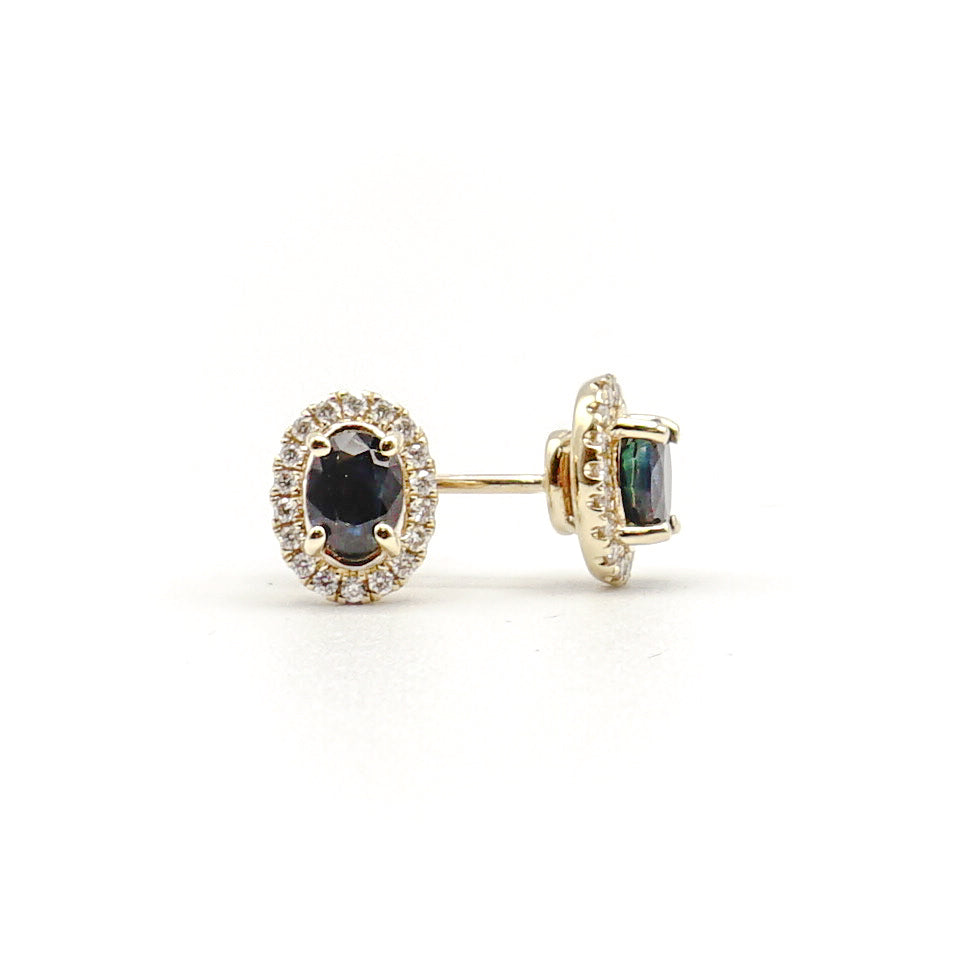 14K  Yellow Gold Blue Sapphire And Diamond Halo Stud Earrings