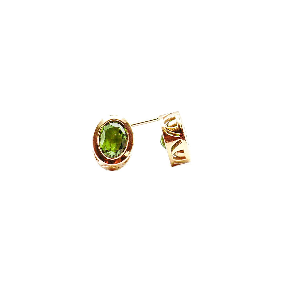 14K Rose Gold Green Oval Sapphire Bezel Stud Earrings
