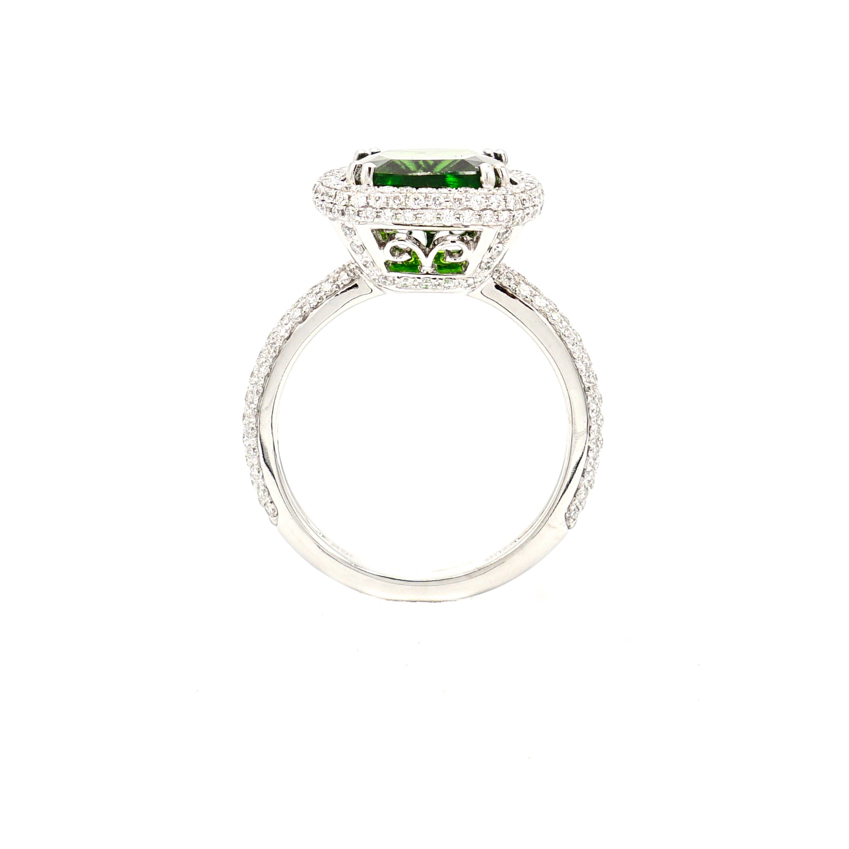 18K White Gold Green Chrome Diopside on Diamond Halo Ring