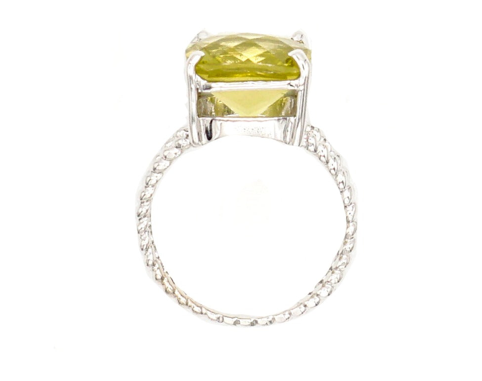 14K White Gold Lime Cushion Checkered Cut Citrine on Braided Ring
