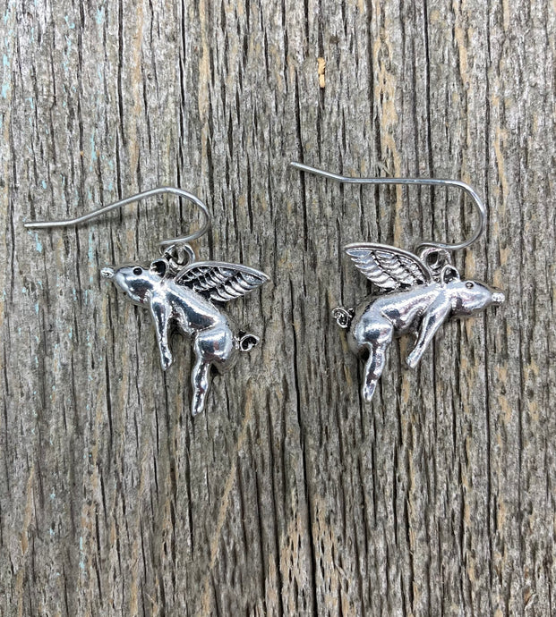 Silver Flying Pig Drop Earrings