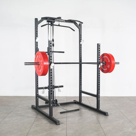 ATTIVO L2 Heavy Duty Half Power Cage Weight Lifting Squat Rack with Lat Low Row System