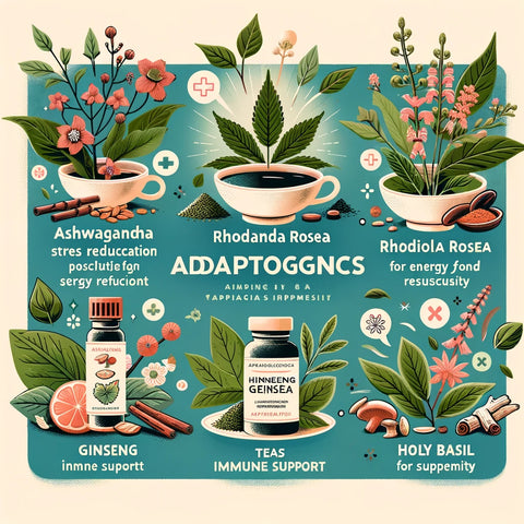 benefits of Ashwagandha, Rhodiola Rosea, Ginseng, and Holy Basil