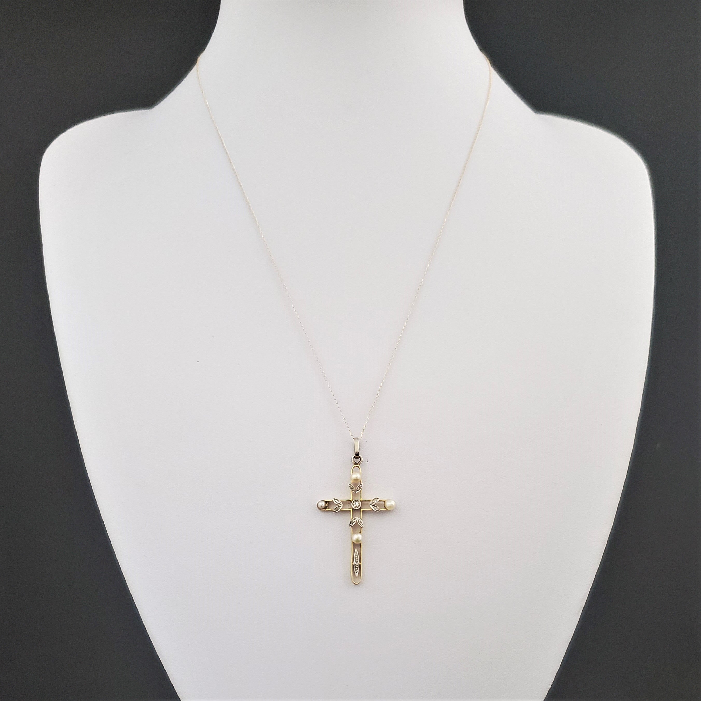 Antique Diamond Pearl 14k Gold Cross 