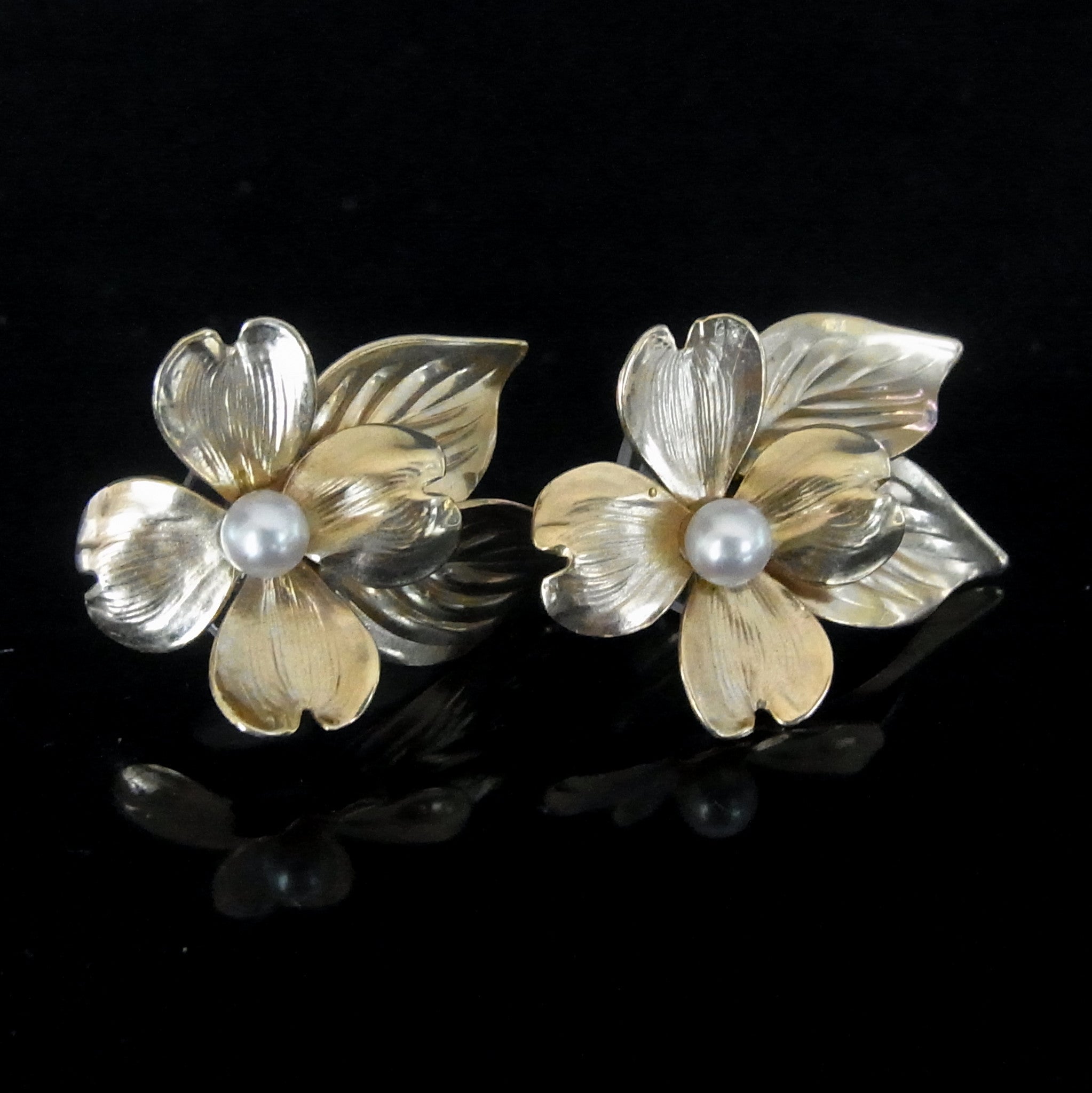Harry S Bick Pearl 14k Gold Floral Earrings Blossom Vintage Estate HSB ...