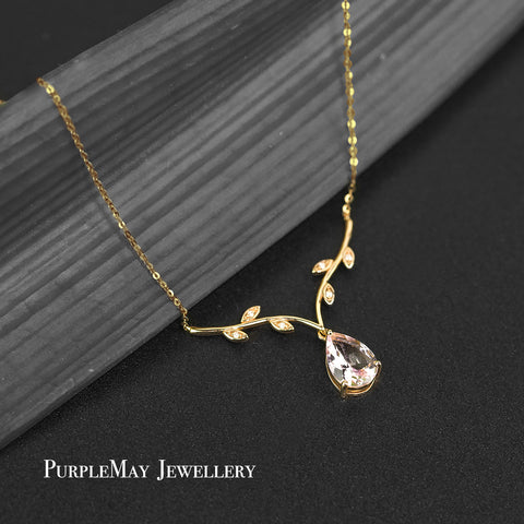 18K SOLID GOLD PINK MORGANITE DIAMOND NECKLACE