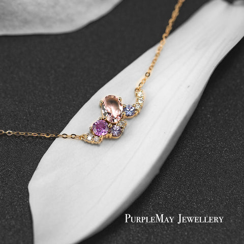 18K SOLID GOLD BABY PINK MORGANITE AND SAPPHIRE DIAMOND CLUSTER NECKLACE