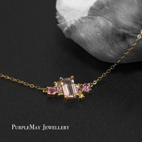 18K SOLID GOLD PINK MORGANITE AND SAPPHIRES CLUSTER NECKLACE