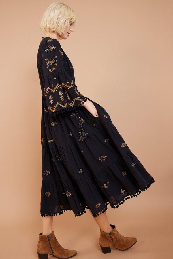 Stardust Black & Gold BCI Cotton Embroidered Dress