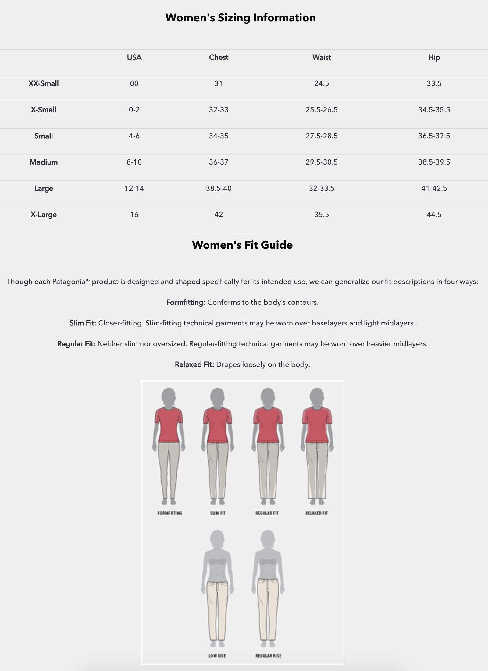 Patagonia Women S Pants Size Chart