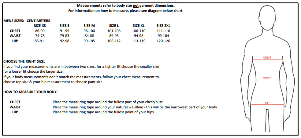 XTM Mens Clothing Sizechart