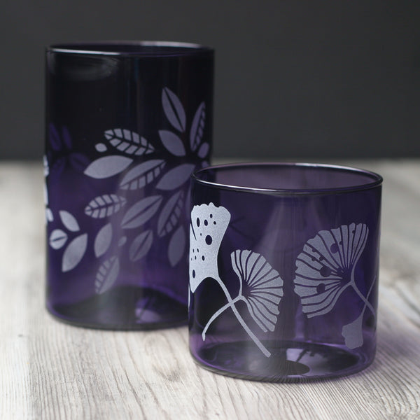 Amethyst glass tumblers in tall and short