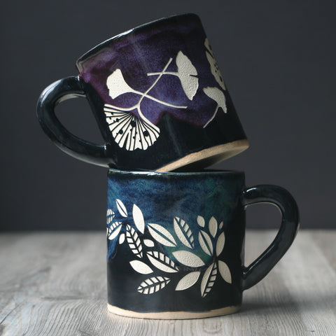 Cascade Collection mugs with Ginkgo and Tea Leaves