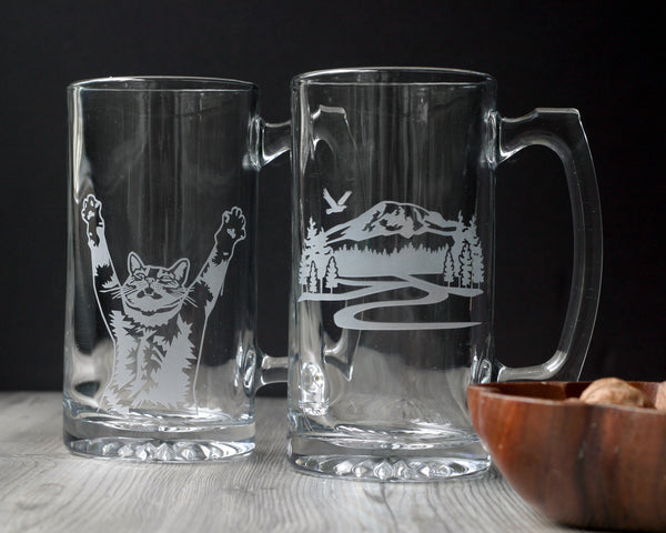 Big Beer Tankards etched with a cat or mountain