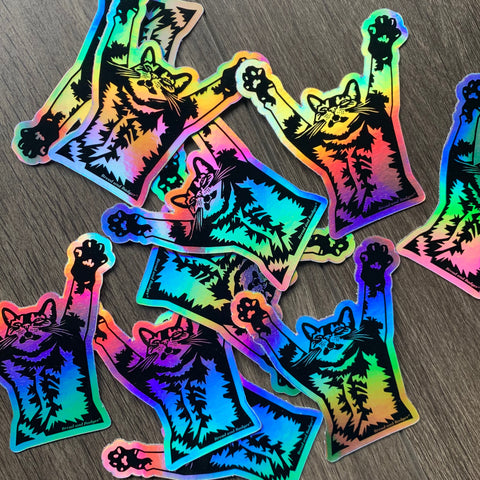 Rainbow holographic stretching cat stickers