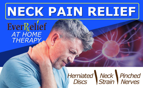 A man with pain in his neck, back, or shoulder, pinched nerves, soreness, cervical neck spasms, herniated discs and tension in need of neck decompression traction device for at home pain therapy.