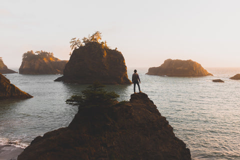 A person standing on a rock looking at the ocean