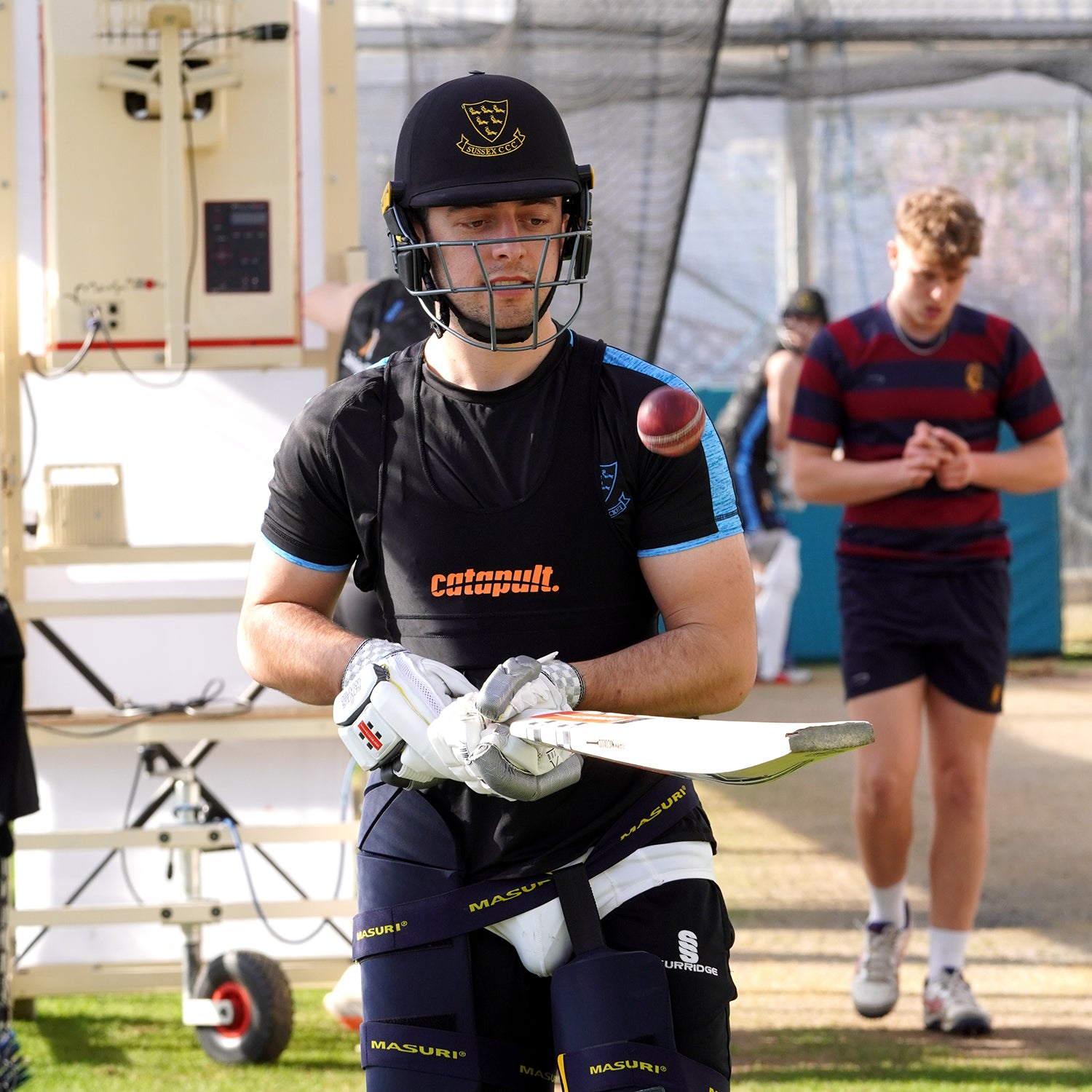 Tom Haines of Sussex training in Masuri helmet