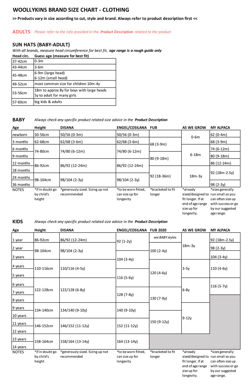 Woollykins Brands Size Chart