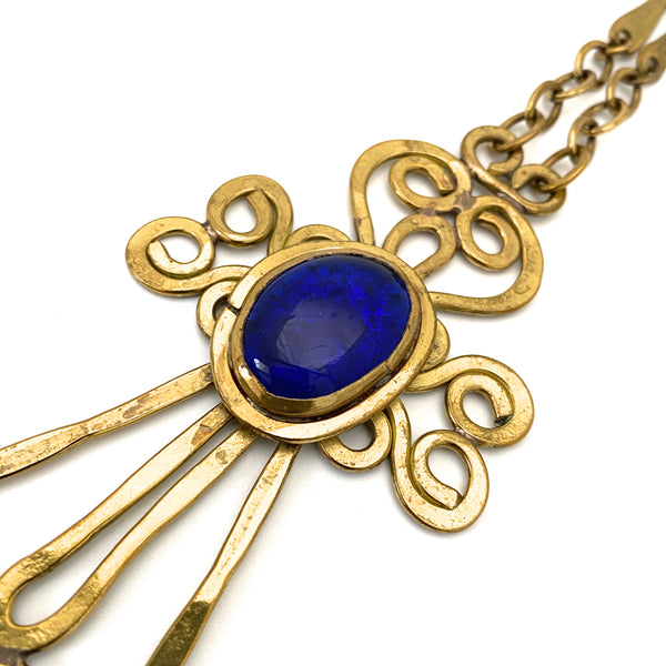 Rafael Canada large brass cross pendant necklace ~ clear cobalt blue ...
