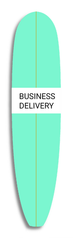 seafoam surfboard with text that reads Business Delivery