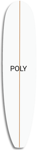 white surfboard with brown line down center and text that reads Poly