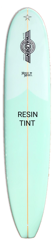 Mint surfboard that reads Resin Tint