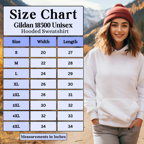 Gilden 18500 Hoodie sizing Chart