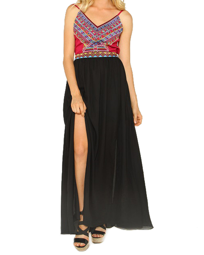 Embroidered Aztec Print Maxi Dress - The Shopping Bag