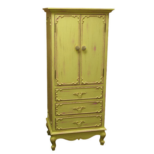 emerson cabinet shown with two doors and three drawers with beaded border appliques around doors and drawers shown in a lemon lime finish with wooden knobs