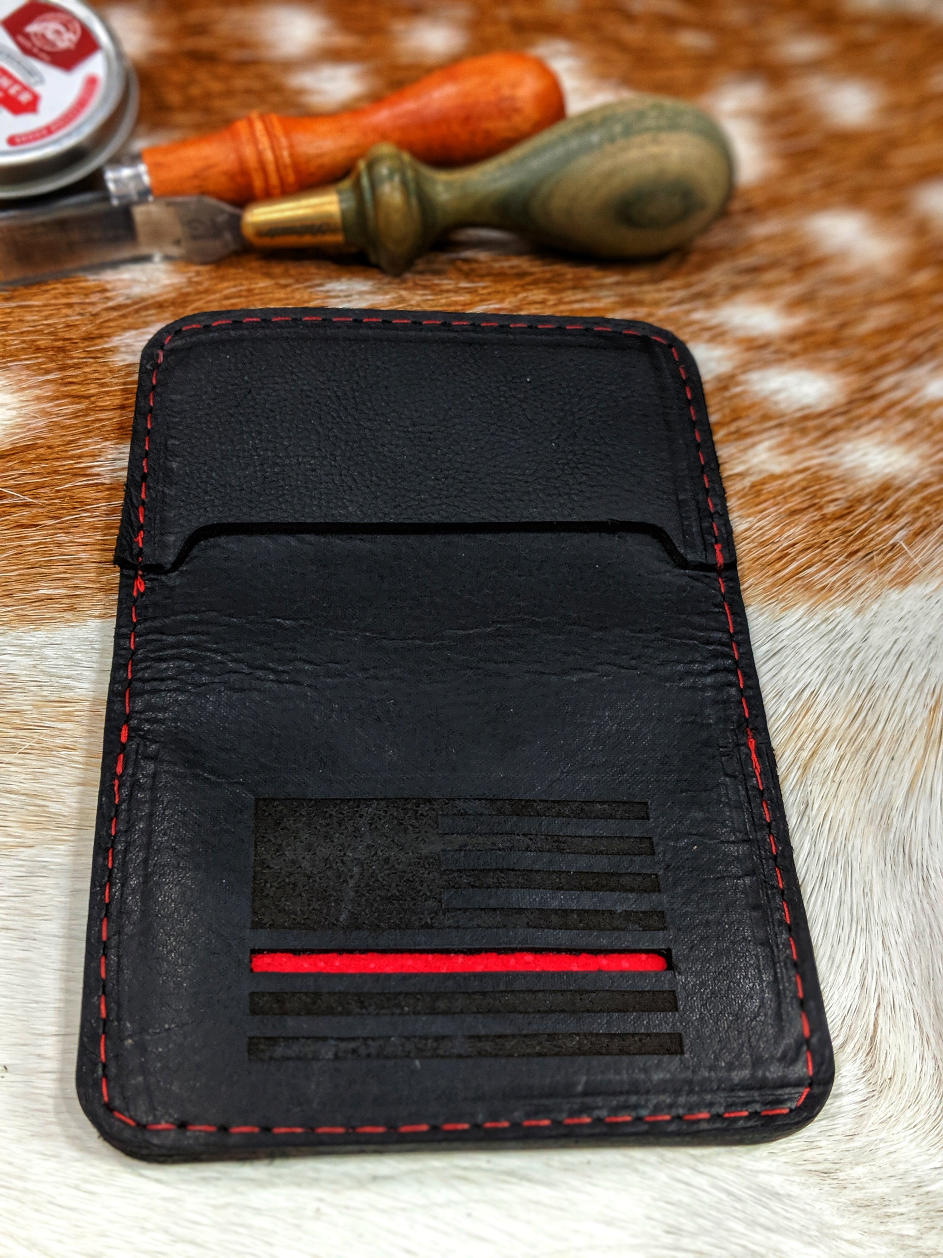 Thin Red Line Black Leather Wallet with Money Clip