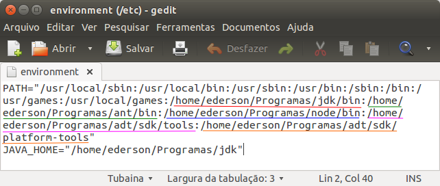 Configuração de path e JAVA_HOME no Linux. Cada path configurado manualmente é destacado com uma cor, para facilitar a visualização