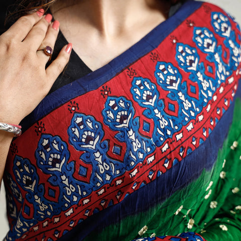 Kutch Bandhani Tie-Dye Ajrakh Block Printed Pure Modal Silk Saree