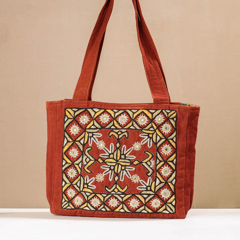 Red Vintage old style embroidered handbag - Gujarati mirror work kutch  embroidered shoulder ba…