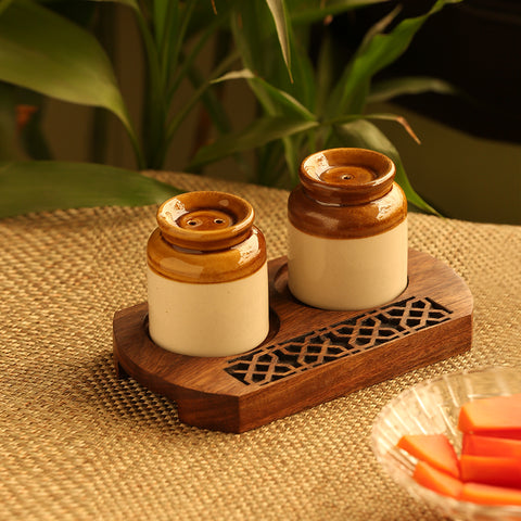 Salt and Pepper Shakers Set with a Bamboo Tray Ceramic Salt Shaker White  Salt and Pepper Shaker Simplicity Salt and Pepper Set