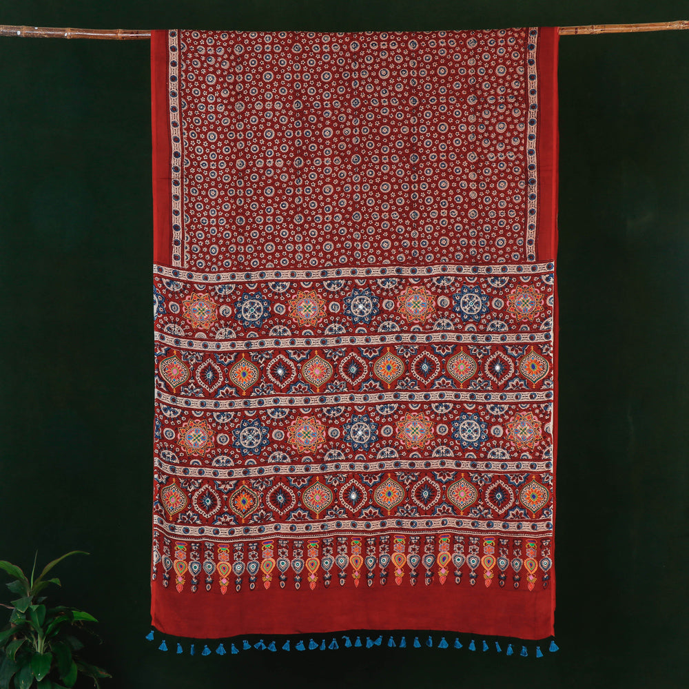 Sufiyan Khatri Special Modal Silk Ajrakh Block Print Natural Dyed Aari Work Saree