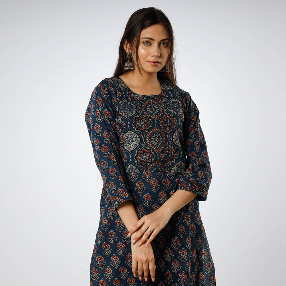 Buy iTokri Casuals - Ajrakh Block Print Cotton Long Kurti Online at   - iTokri आई.टोकरी