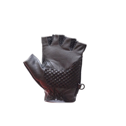 Classic Biker Leather — Black Leather and Mesh Motorcycle Fingerless Gloves