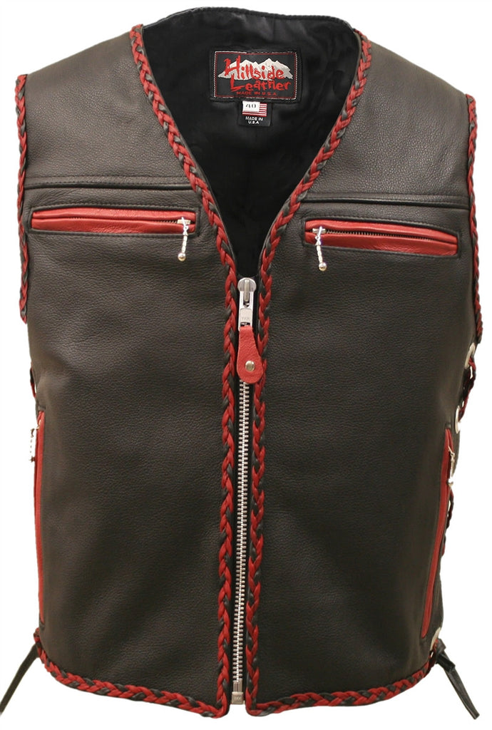 Classic Biker Leather — Mens Made In Usa The Elite Motorcycle Leather Vest Redblack Braiding 