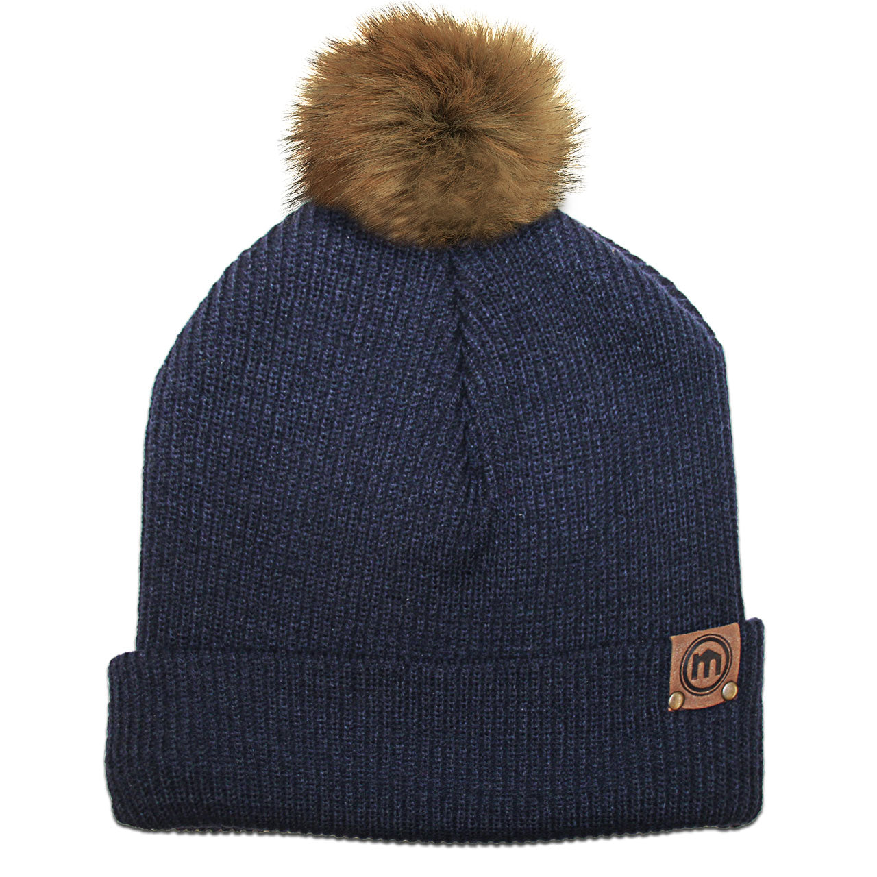 Faux Fur Pom Navy Adjustable Cuffed Beanie