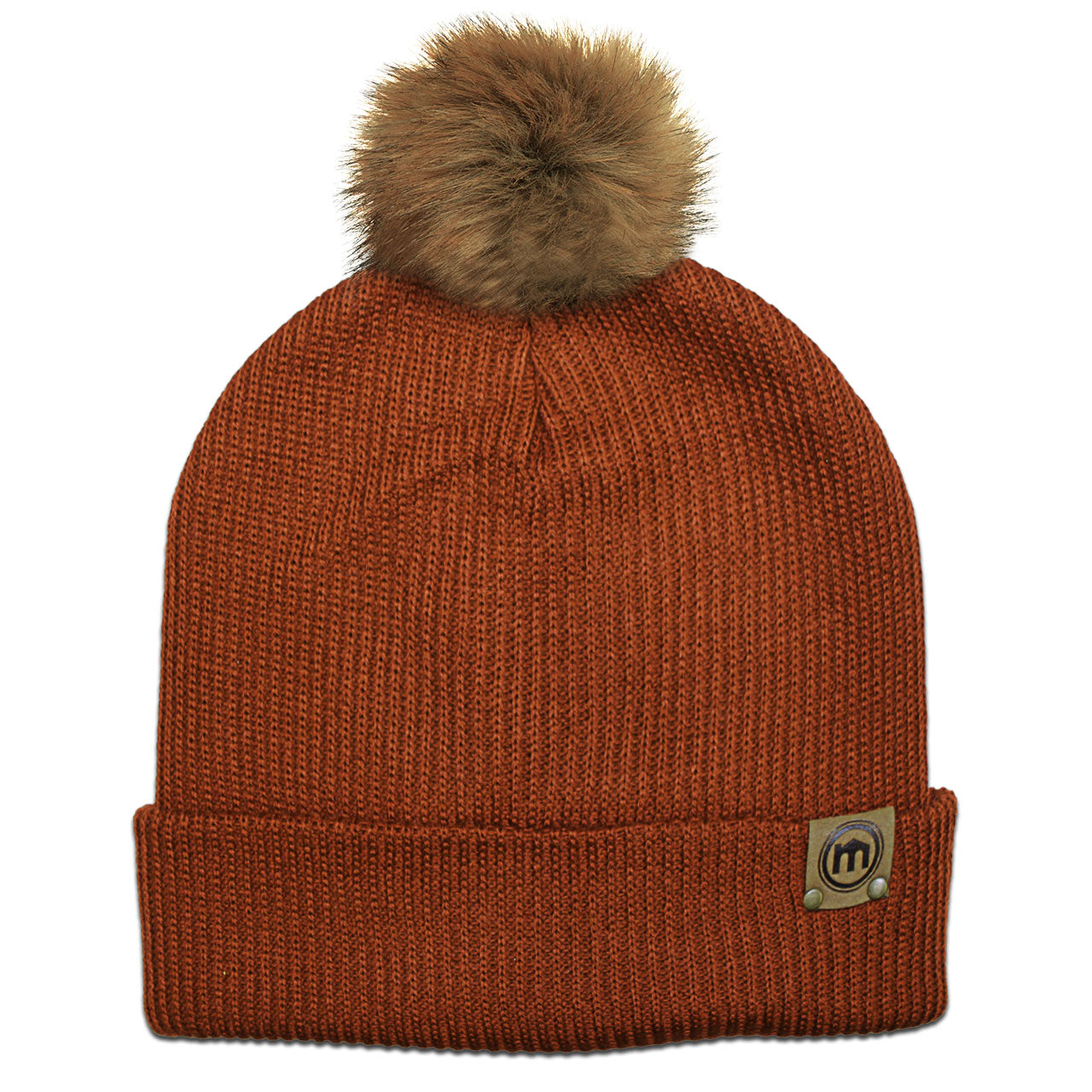 Faux Fur Pom Rust Adjustable Cuffed Beanie