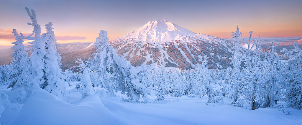 Mt bachelor in the snow in winter at sunrise. 